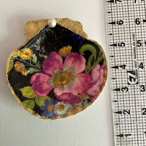 Scalloped clam shell decoupaged and hand painted with gold leaf Jewelry Dish
